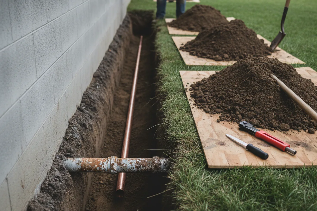 Excavated water line trench during Water Heater Repair in Bolingbrook